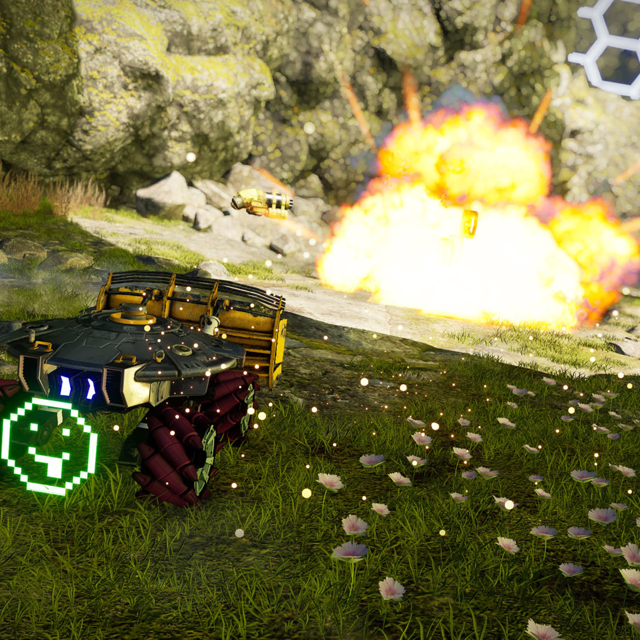 Game screenshot of a vehicle driving away from an explosion